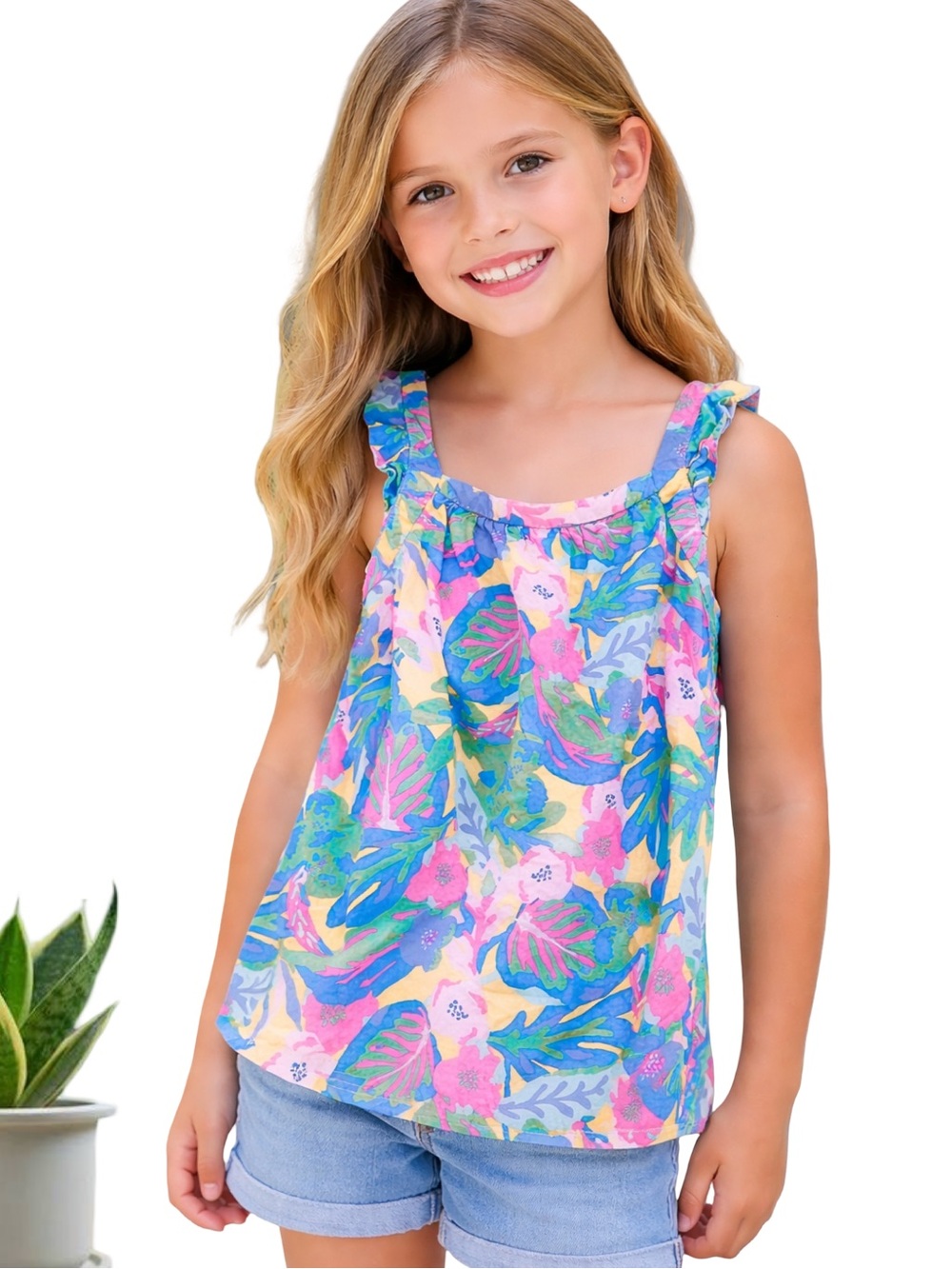 Cat & Jack Girls Floral Tank Top M 7/8 Tropical Ruffle Strap Sleeveless Blouse